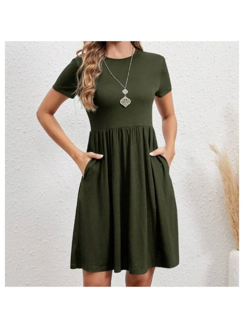 LAST ONE 🔥 Army Green A-Line Dress With Pockets - Picture 1 of 8
